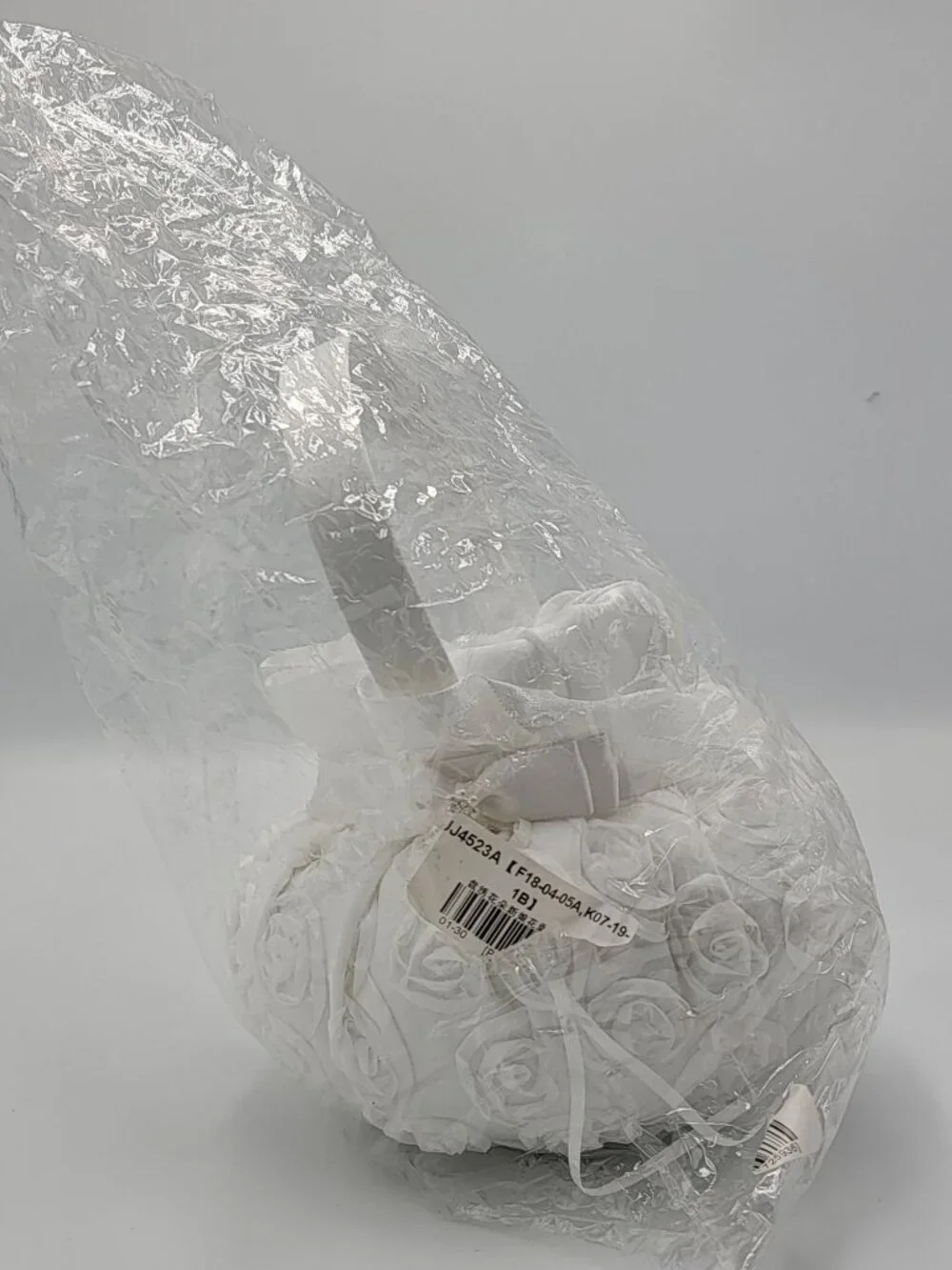 White Satin Flower Girl Basket With Ribbon & Rosette Details For Wedding Ceremon